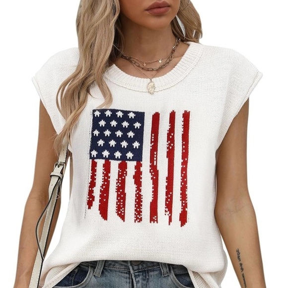 Tops - American Flag Sleeveless Sweater Vest - Casual Crew Neck Knitted Pullover